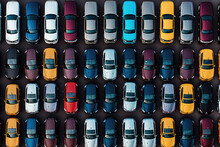 Overhead View Of Many Different Cars Standing In Rows In Parking Lot. Multicolored Cars, Texture Wallpaper. Background For Car Dealership Banner. Generative AI Photo.