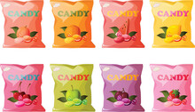 Cute Vector Illustration Of Various Colorful Bags Of Candy With Different Flavors.