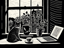 A Home Office Scene Imagined As A High Contrast, Monochrome Linocut Print, A Desk With A Laptop And Papers, A Bookshelf In The Background, A Pot Of Coffee, A Cat Curled Up In A Corner, Simplicity And 