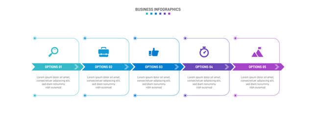 Timeline infographic with infochart. Modern presentation template with 5 spets for business process. Website template on white background for concept modern design. Horizontal layout.