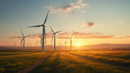  Wind turbine field at sunset. Generative AI