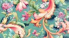  A Colorful Floral Pattern On A Green Background With Pink And Yellow Flowers.  Generative Ai