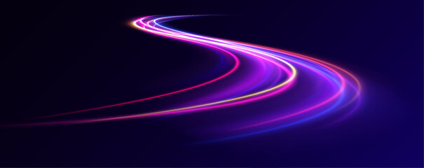 Poster - High speed effect motion blur night lights in blue and red colors, abstract flash perspective road glow streaks long time exposure vector set on transparent background	