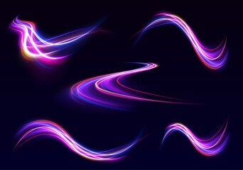 Poster - Vector speed of light in space on dark background. Abstract background in blue, yellow and orange neon colors. Magic of moving fast lines. Laser beams, horizontal light rays. Particle motion effect. 