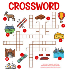 Aufkleber - Switzerland and Swiss items crossword puzzle worksheet or word quiz, vector kids game grid. Education crossword riddle to guess word of Swiss cheese and chocolate, ski and snowboard with sausage