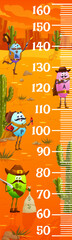 Wall Mural - Kids height chart western vitamin cowboy, sheriff, ranger and bandits characters. Vector growth meter with funny B6, A, P and B12 capsules with guns, money sack and dynamite in desert, wall sticker