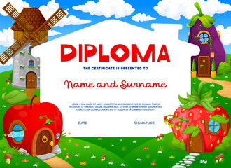 Aufkleber - Kids diploma, cartoon fairytale houses village on certificate award, vector template. Kindergarten workshop or school certificate diploma with fairy gnome dwellings in windmill, apple and strawberry