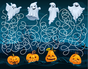 Poster - Halloween kids labyrinth maze, help to ghosts find the pumpkins. Vector board game worksheet with cartoon funny spooks and jack lanterns. Boardgame with tangled path, start and finish, riddle task
