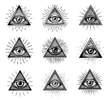 Illuminati Eyes With Mason Pyramids. Triangle Providence Symbols With All Seeing Eye Of God And Glory Light Sketches. Vector Engraving Tattoo, Occult, Esoteric Religion And Alchemy Magic Amulets