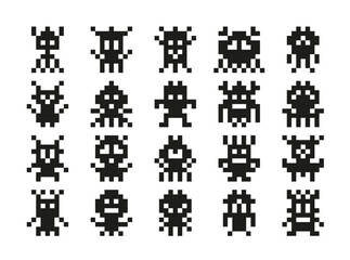 Poster - Pixel monsters, arcade games characters of vector alien creatures, space invaders, robots, viruses or trolls. 8 bit pixel art personages of retro computer and video games with funny faces, tentacles