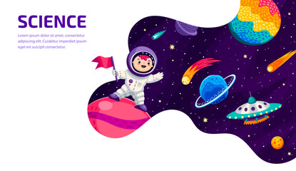 Poster - Space galaxy landing page with cartoon astronaut, UFO and space planets, vector website background. Kid spaceman adventure or galaxy education landing page with alien planets in cosmic starry sky