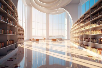 Futuristic modern white public library. Light and spacious modern library with Bookshelves, working space.