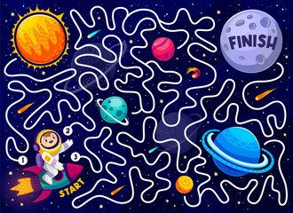 Aufkleber - Labyrinth maze quiz game. Help to astronaut find his planet. Find way kids puzzle, search path game vector worksheet with kid astronaut or rocket spaceship, space cartoon sun and solar system planets