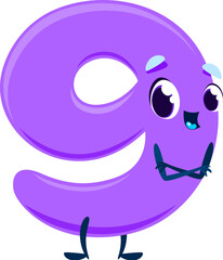 Poster - Cartoon cute funny number nine character with big eyes and smiling mouth, featuring bold lines and bright violet color. Digit personage for children educational materials and playful design projects