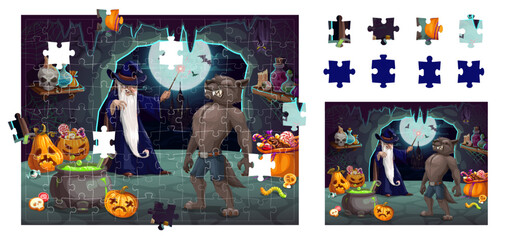 Poster - Jigsaw puzzle game pieces. Halloween werewolf, pumpkins and sorcerer in cave. Right fragment match game, shape find quiz vector worksheet with scary wizard or mage, ghoul monster Halloween personages