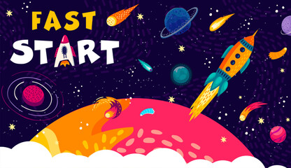 Poster - Fast business start. Space rocket launch with chemtrail clouds. Spaceship on planet orbit. Vector spacecraft engine takeoff, cartoon shuttle with fire trail starting into sky. Project success booster