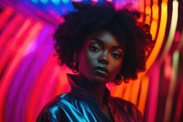 Wall Mural - Black woman fashion portrait on abstract colorful background. Afro american female model looking at camera, neon colored lighting. Created with Generative AI