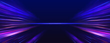 Panoramic High Speed Technology Concept, Light Abstract Background. Image Of Speed Motion On The Road. Abstract Background In Blue And Purple Neon Glow Colors. 