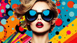 © © Raymond Orton - Disco diva retro lady. Pop art illustration. Girl wearing sunglasses,  Created using generative AI tools.