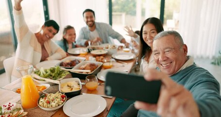 Sticker - Thanksgiving, wave and video call with a grandfather and his family together for bonding in celebration. Love, lunch or brunch with a senior man and relatives taking a selfie at the dining room table