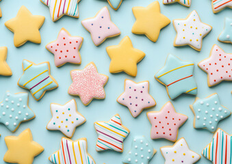 Wall Mural - Colorful pastel tasty Christmas star-shaped cookies on a minimal background. Generative AI.