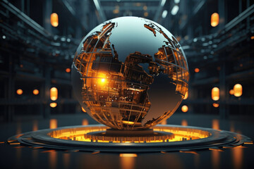 Poster - World globe in cyber world of information. Future and industry concept with communication and technology. Generative AI