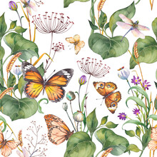 Seamless Pattern With Wildflowers, Green Leaves And Butterflies. Watercolor Illustration On White Background.