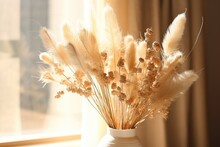 Beautiful Dry Grass Bouquet: Bunny Tail, Lagurus Ovatus, And Festuca Plant In Sunlight. Long Shadows On Beige Wall Background. Floral Home Decoration With Natural Detail. AI Generated.