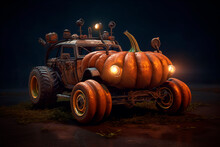 Halloween Car. Generative AI. Car Designed In Steampunk Style Of Pumpkin. Scary Road Trip. Image For Decoration, Advert, Poster, Shop Sign.
