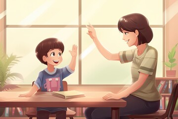 Cheerful Asian boy high-fives his supportive female teacher in the classroom. Encouraging Chinese teacher aids the joyful student during an elementary lesson. AI Generated.