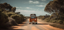 A Generic, No Brand Retro Camper Van, Auto Travelling Concept. Adventure, Off-grid Living, Hippie Culture Theme. Australian Landscapes. AI Image	