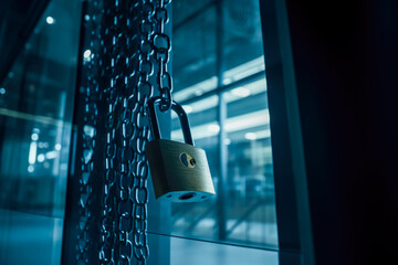 Poster - illustration of closed padlock on glowing background, cybersecurity. Safety concept. generative AI