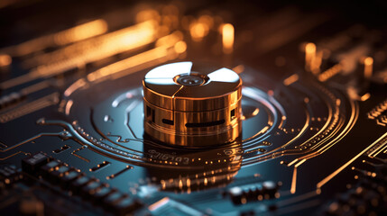 Poster - illustration of closed padlock on computer motherboard, cybersecurity. Safety concept. generative AI