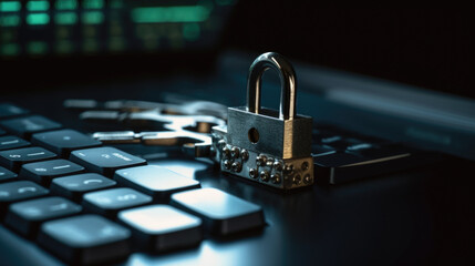 Poster - illustration of closed padlock on keyboard, cybersecurity. Safety concept. generative AI
