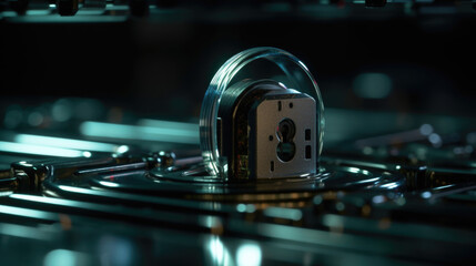 Poster - illustration of closed padlock on computer motherboard, cybersecurity. Safety concept. generative AI