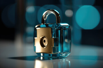 Poster - illustration of closed padlock on glowing background, cybersecurity. Safety concept. generative AI