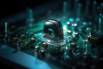 Poster - illustration of closed padlock on digital background, cyber security. Safety concept. generative AI