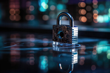 Poster - illustration of closed padlock on glowing background, cybersecurity. Safety concept. generative AI