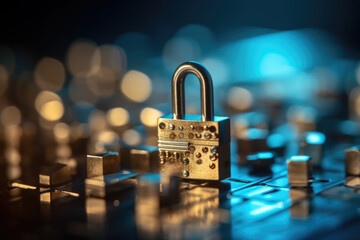 Poster - illustration of closed padlock on computer motherboard, cybersecurity. Safety concept. generative AI