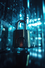 Poster - illustration of closed padlock on glowing background, cybersecurity. Safety concept. generative AI