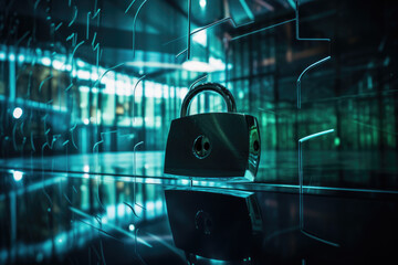 Poster - illustration of closed padlock on digital background, cyber security. Safety concept. generative AI