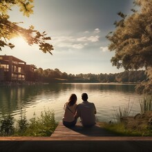 Couple Sitting By The Lake And Enjoying The View