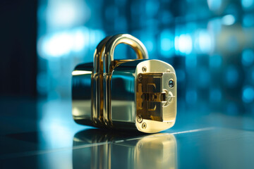 Poster - illustration of closed padlock on glowing background, cybersecurity. Safety concept. generative AI