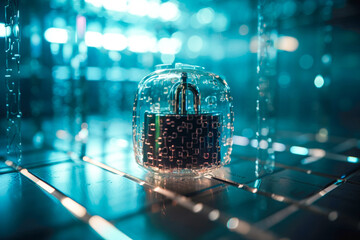 Poster - illustration of closed padlock on glowing background, cybersecurity. Safety concept. generative AI