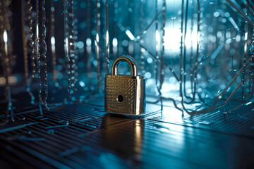Poster - illustration of closed padlock on glowing background, cybersecurity. Safety concept. generative AI