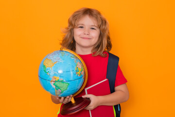 Aufkleber - Pupil, nerd schoolboy. School kid with globe and book. Smart clever nerd. Caucasian blonde school boy kid pupil student going back to school. Education and knowledge.