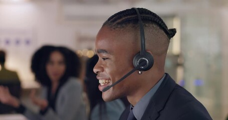 Sticker - Call center, talking and face of a man with a headset for customer service or advice. Happy african male consultant speaking for telemarketing, telecom or crm and technical support at help desk