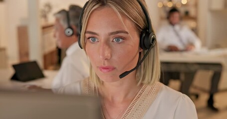 Poster - Call center, computer and woman in office for telemarketing, tech support and help desk. Contact us, customer service and sales agent, professional and serious consultant focus on deadline at night.