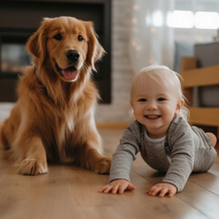 Happy baby with dog