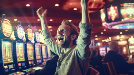 A man rejoices at winning on a slot machine at the casino, raising his hands happily